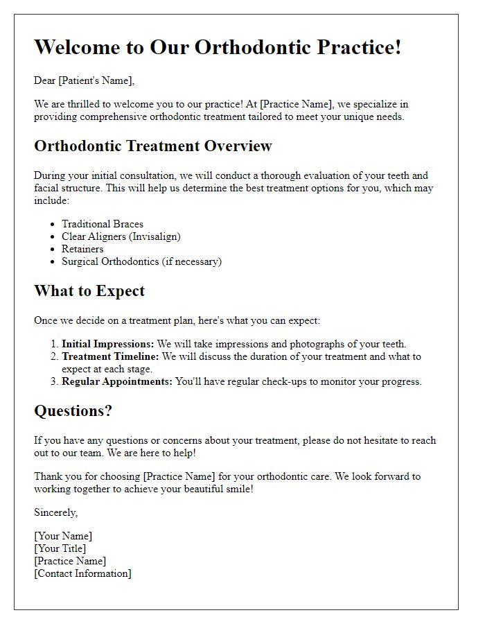 Letter template of orthodontic treatment overview for new patients