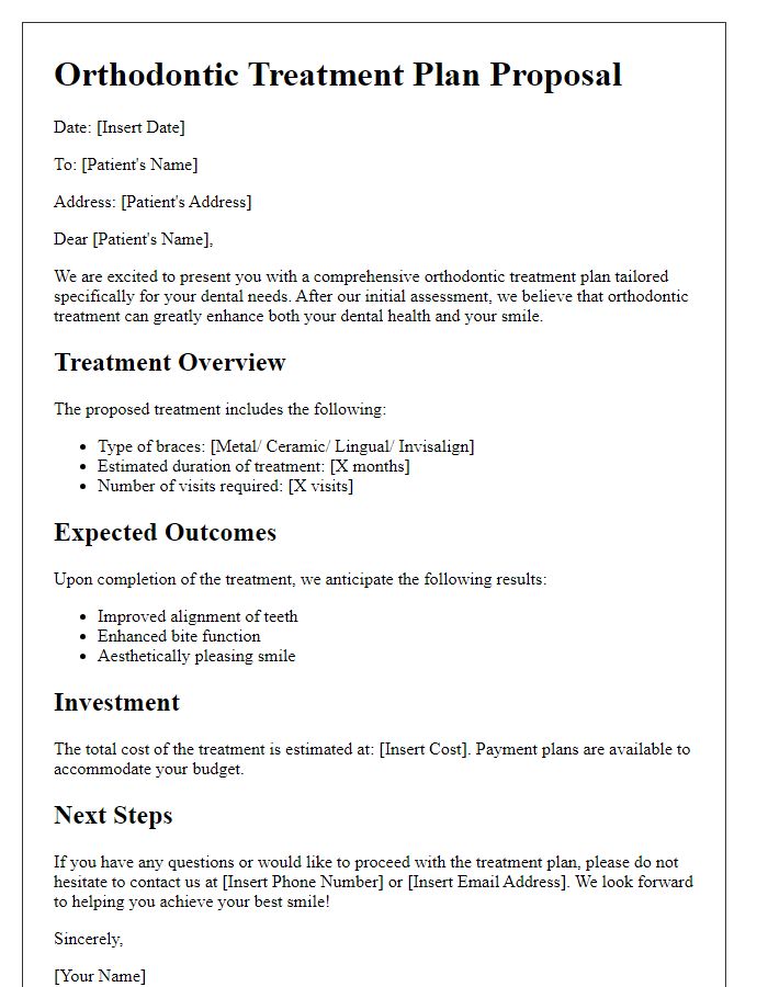 Letter template of orthodontic treatment plan proposal for teens