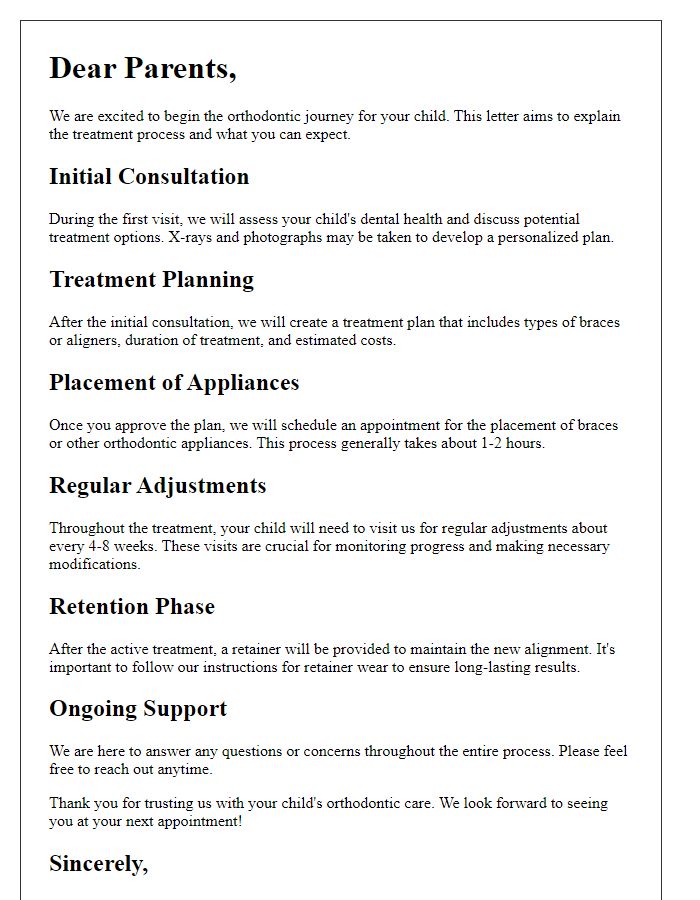 Letter template of orthodontic treatment process explanation for parents