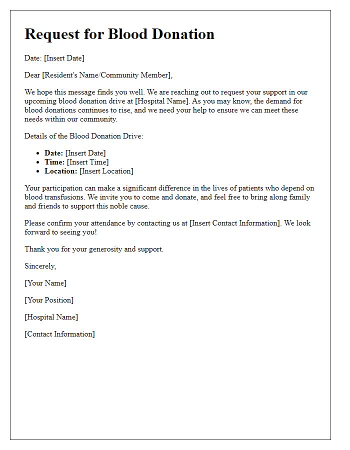 Letter template of hospital blood donation request to local residents