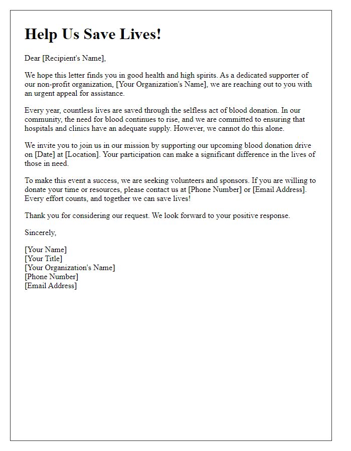 Letter template of non-profit blood donation support appeal