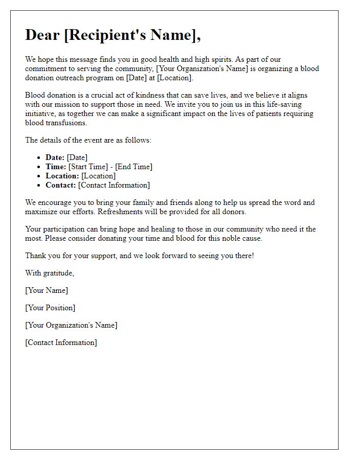 Letter template of religious organization blood donation outreach