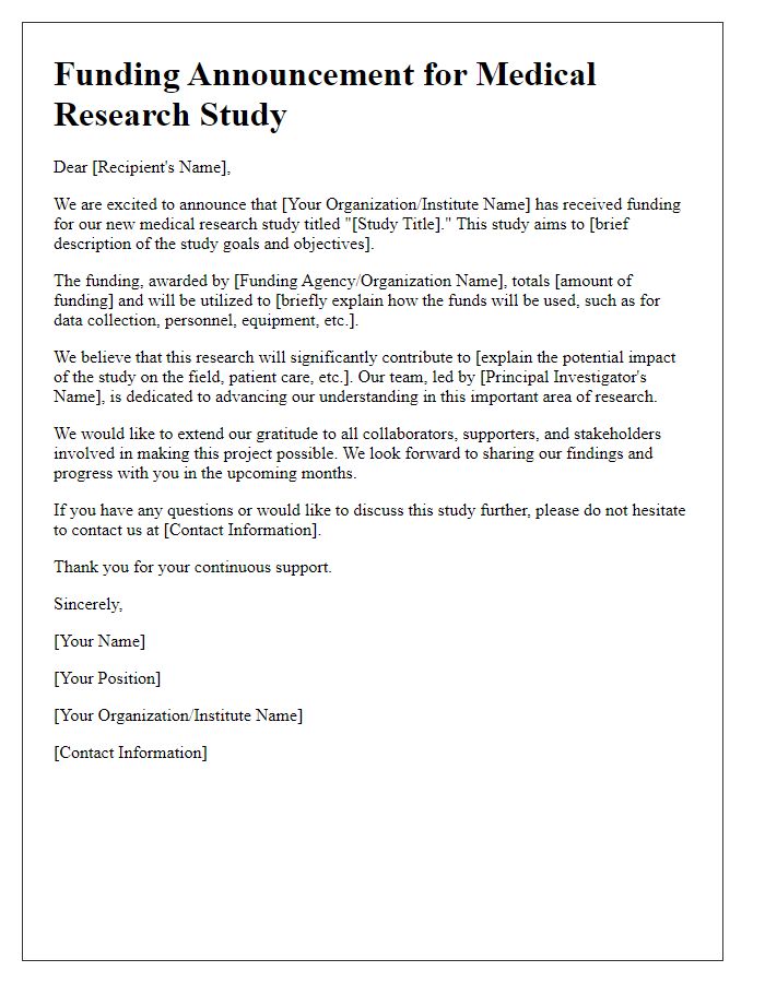 Letter template of medical research study funding announcement