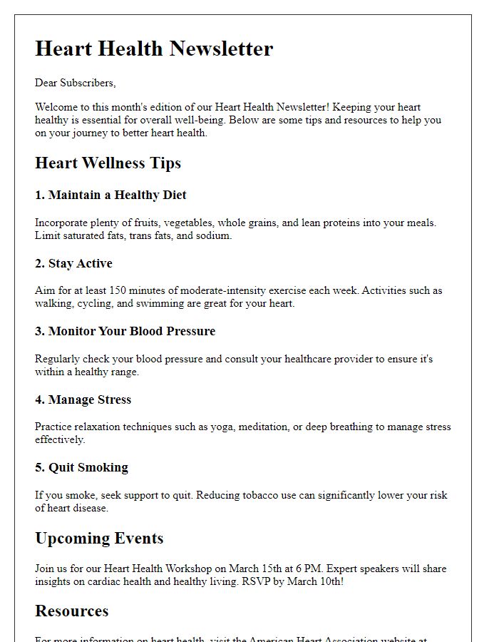 Letter template of a health newsletter focused on heart wellness tips.