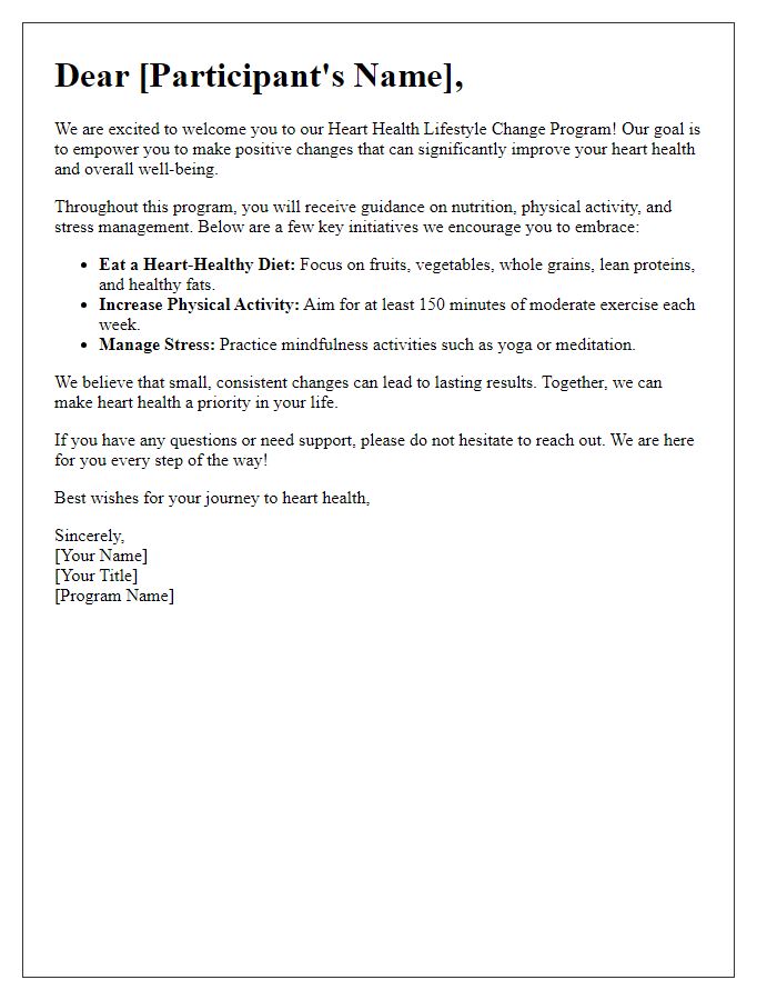 Letter template of a lifestyle change program encouraging heart health.