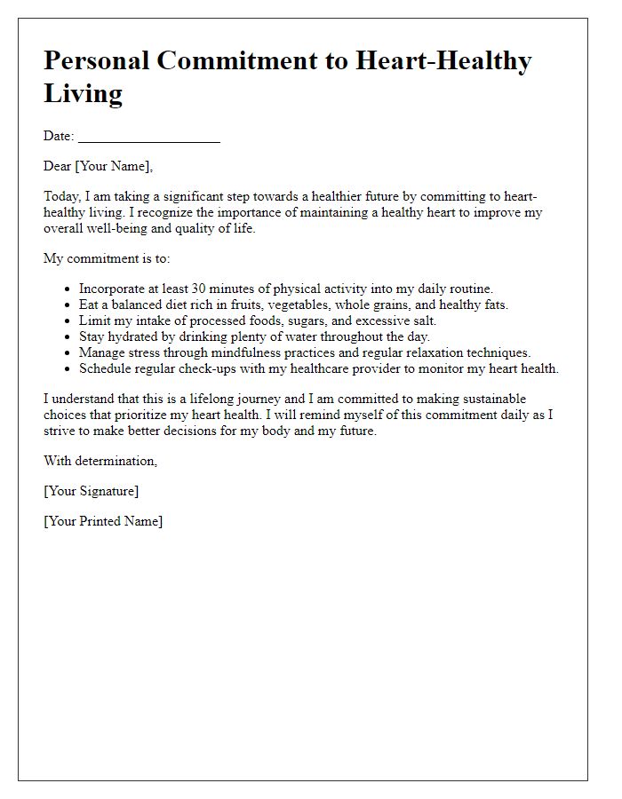 Letter template of a personal commitment to heart-healthy living.