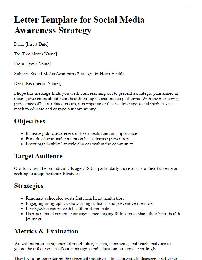 Letter template of a social media awareness strategy for heart health.