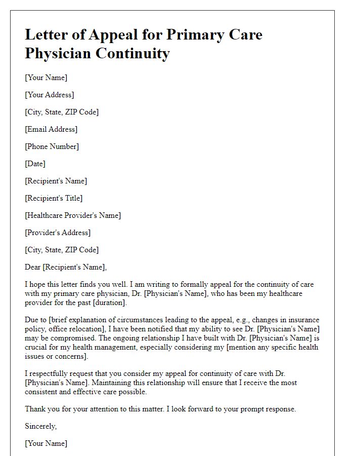 Letter template of appeal for primary care physician continuity.