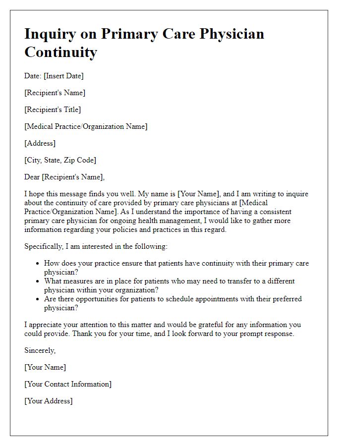 Letter template of inquiry on primary care physician continuity.
