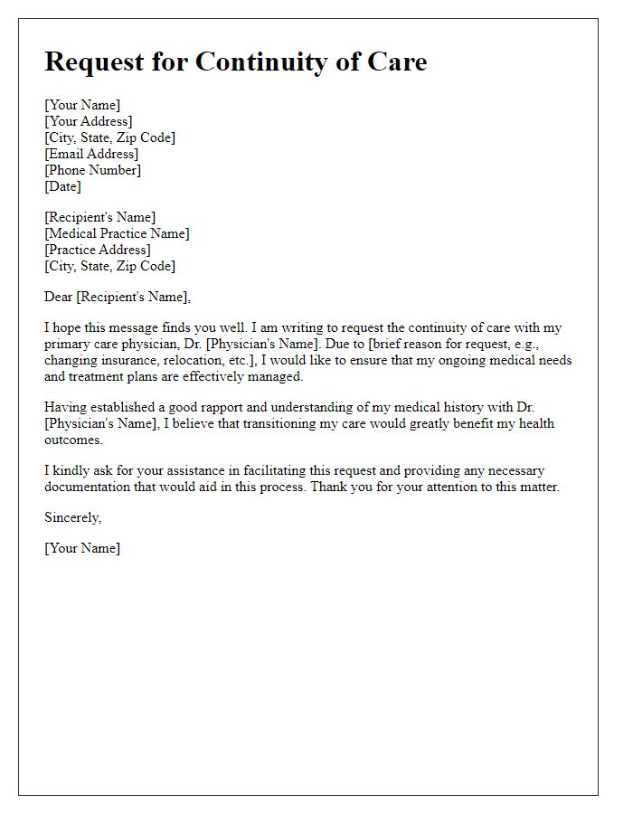 Letter template of request for primary care physician continuity of care.