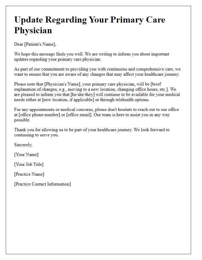 Letter template of update regarding primary care physician continuity.