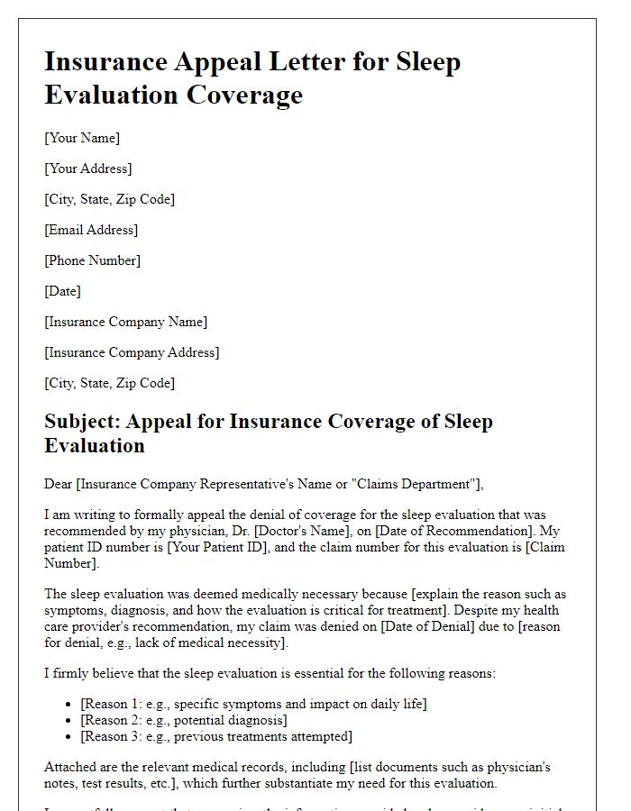 Letter template of appeal for insurance coverage on sleep evaluation