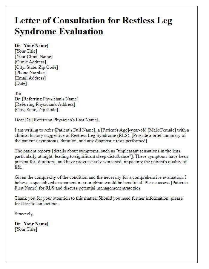 Letter template of consultation for restless leg syndrome evaluation