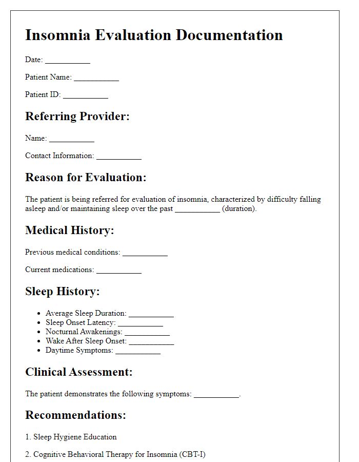 Letter template of documentation for insomnia evaluation