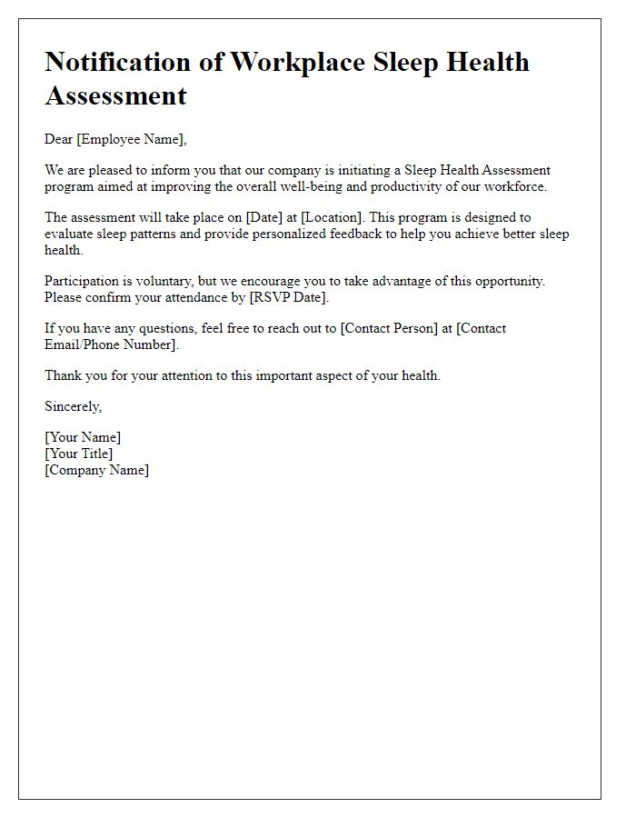 Letter template of notification for workplace sleep health assessment