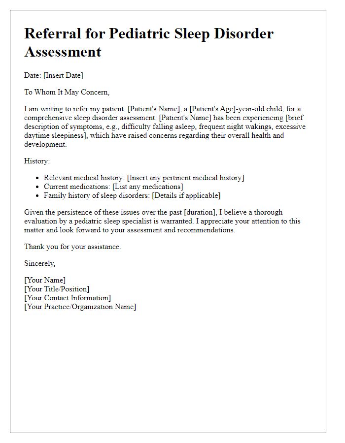 Letter template of referral for pediatric sleep disorder assessment