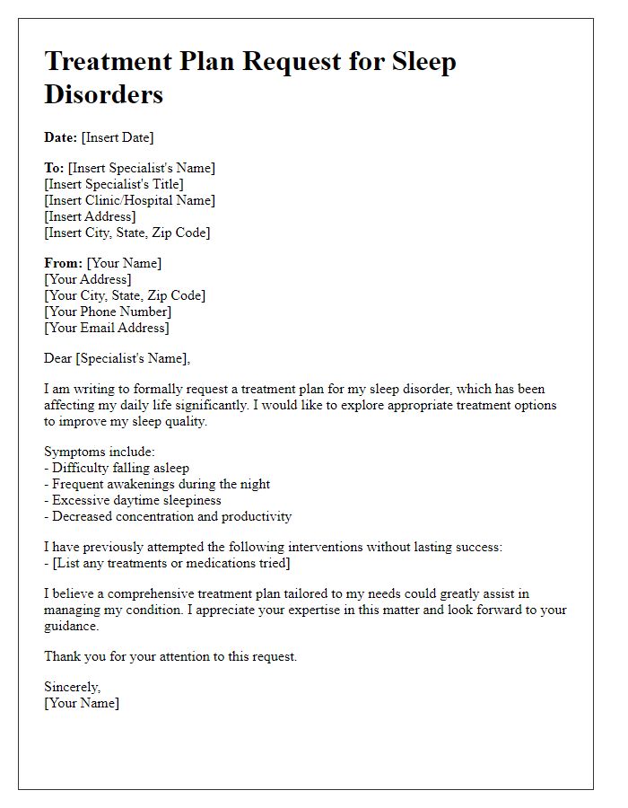 Letter template of treatment plan request for sleep disorders