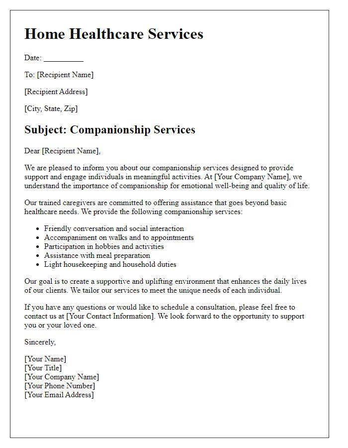 Letter template of home healthcare services for companionship services