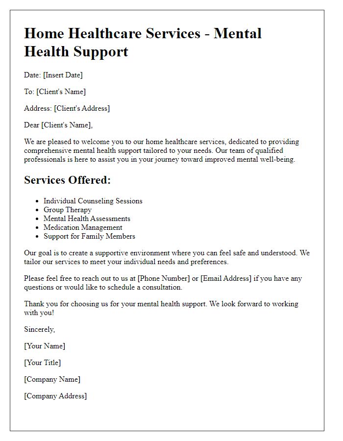 Letter template of home healthcare services for mental health support