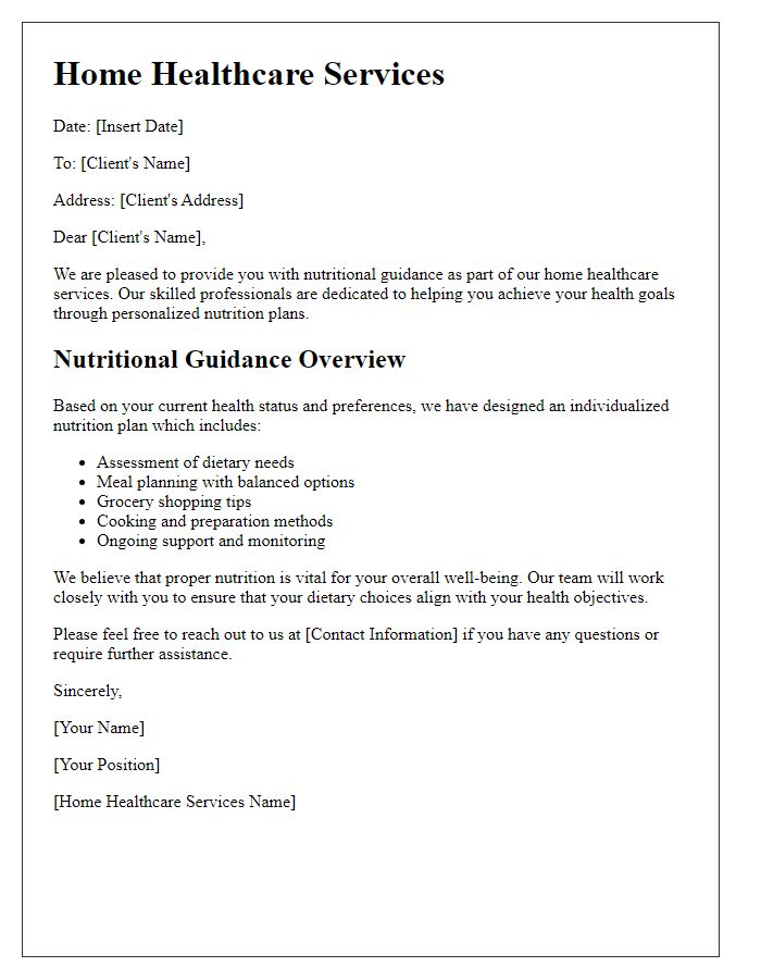 Letter template of home healthcare services for nutritional guidance