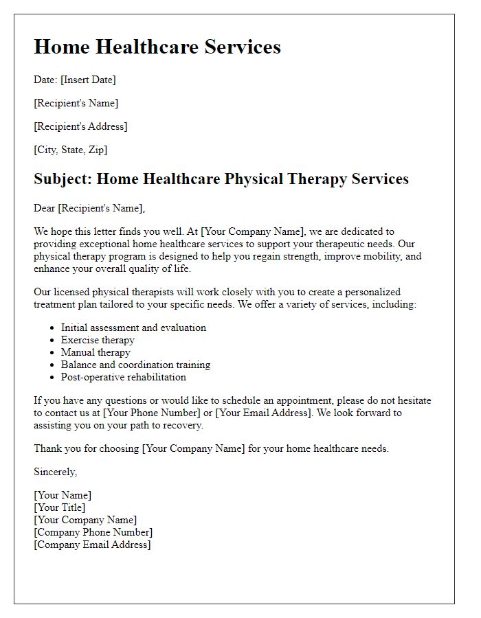 Letter template of home healthcare services for physical therapy