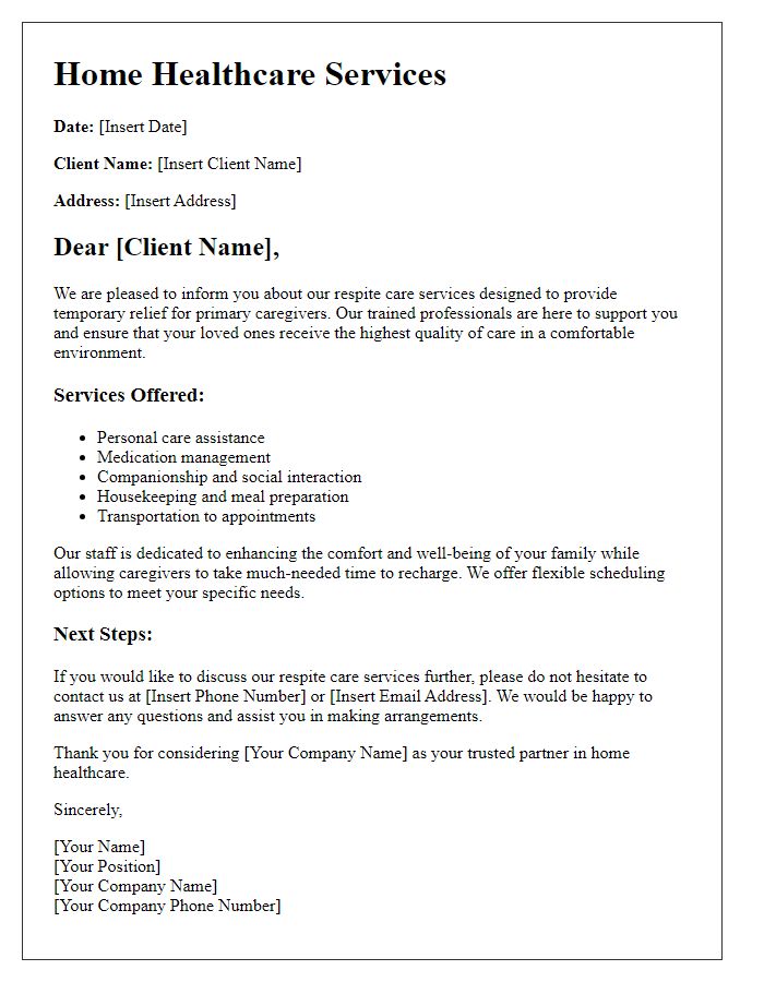 Letter template of home healthcare services for respite care