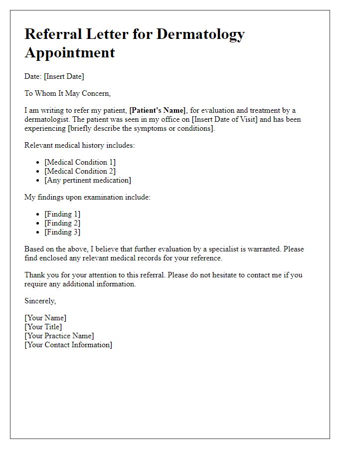 Letter template of dermatology appointment referral.