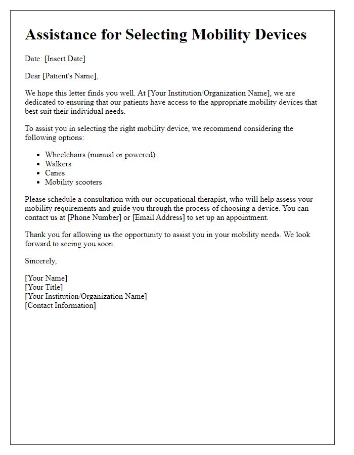 Letter template of assistance for selecting mobility devices for patients.