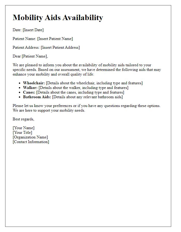 Letter template of available mobility aids tailored for patient needs.