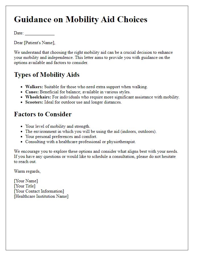 Letter template of guidance on mobility aid choices for patients.