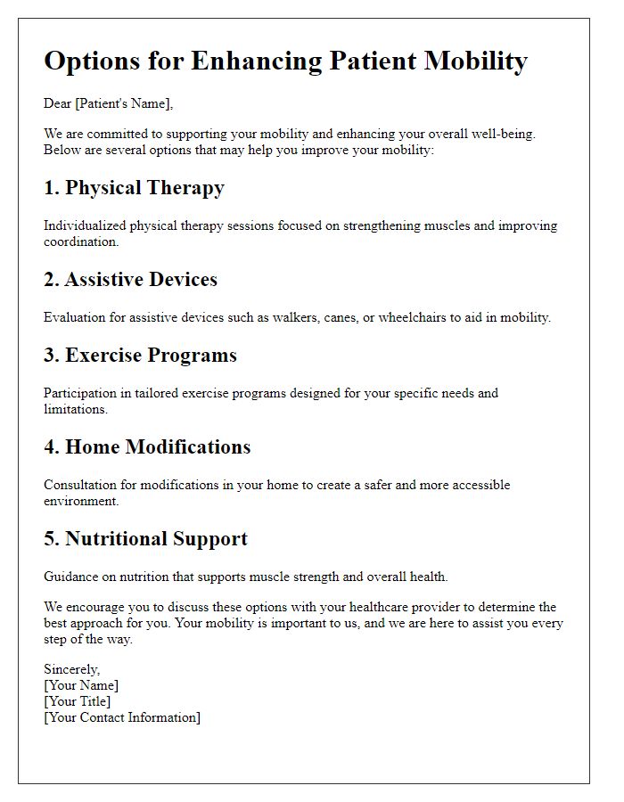 Letter template of options for enhancing patient mobility.