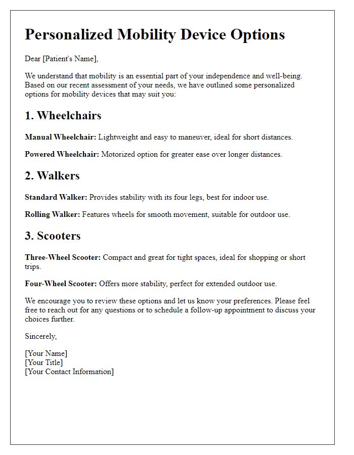 Letter template of personalized mobility device options for patients.