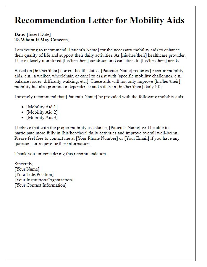 Letter template of recommendations for patient mobility aids.