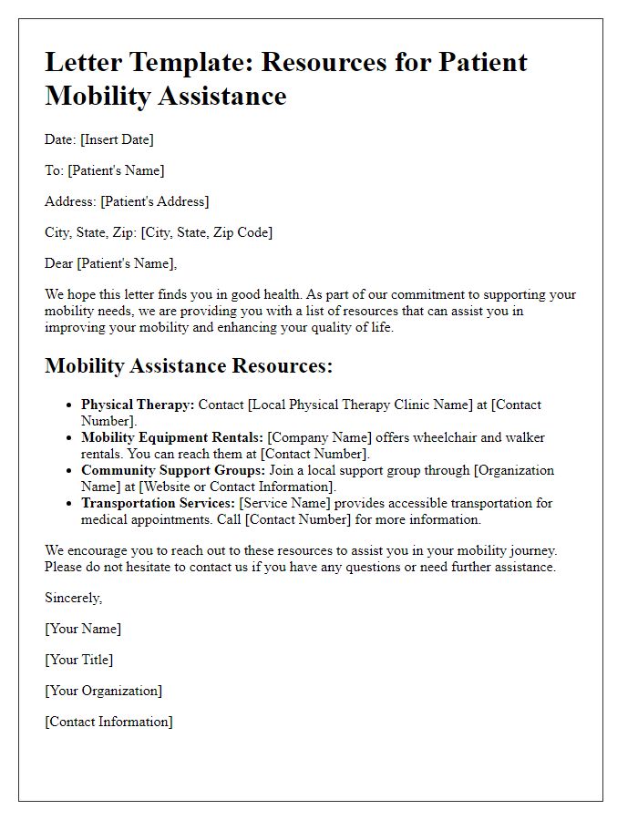 Letter template of resources for patient mobility assistance.