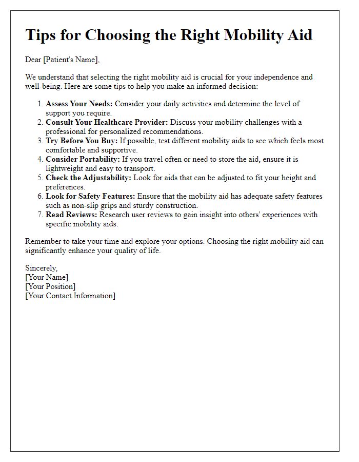 Letter template of tips for choosing the right mobility aid for patients.