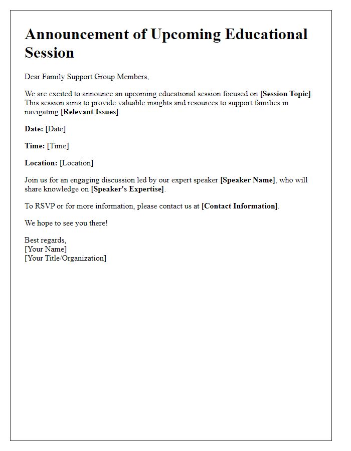 Letter template of educational session announcement for family support groups