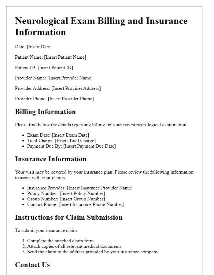 Letter template of neurological exam billing and insurance information