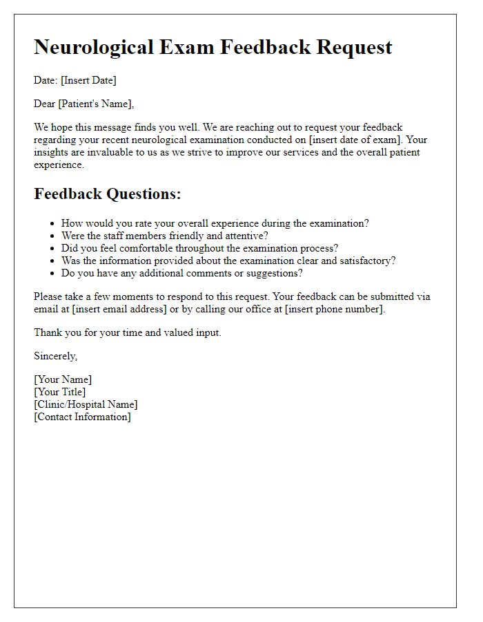 Letter template of neurological exam feedback request for patients