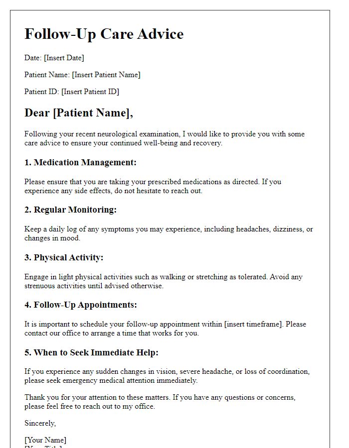 Letter template of neurological exam follow-up care advice