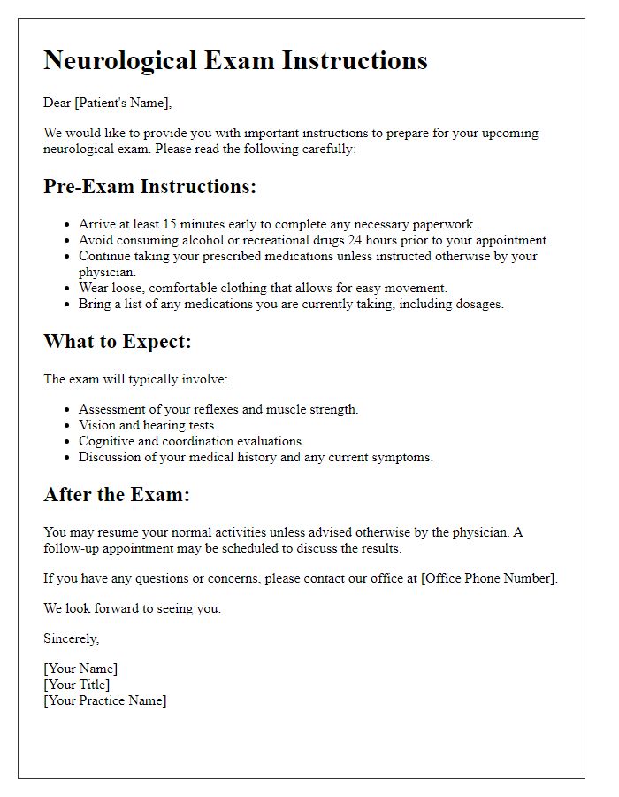 Letter template of neurological exam instructions for patients