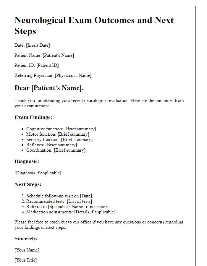 Letter template of neurological exam outcomes and next steps