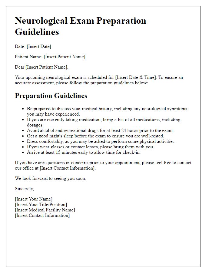 Letter template of neurological exam preparation guidelines