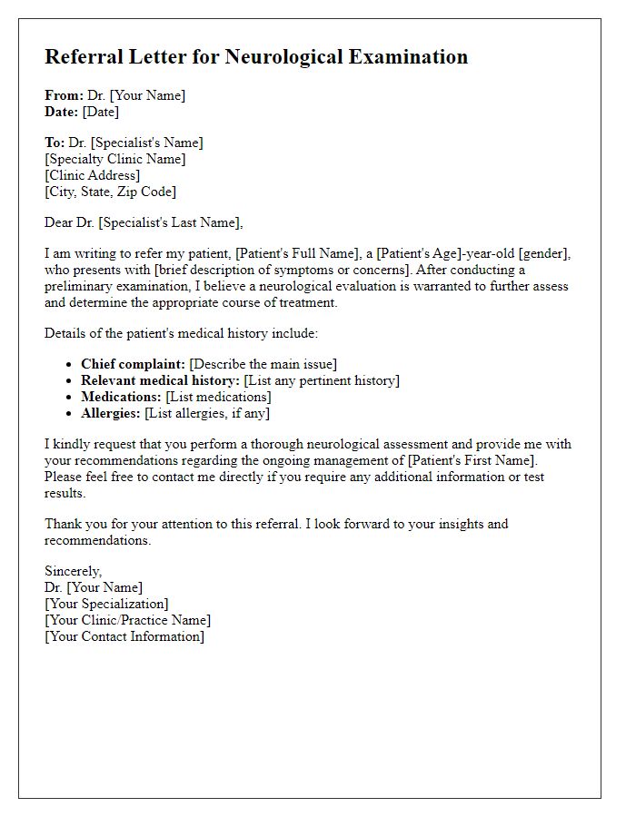 Letter template of neurological exam referral for specialists