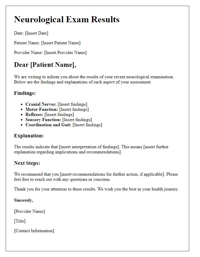 Letter template of neurological exam results explanation