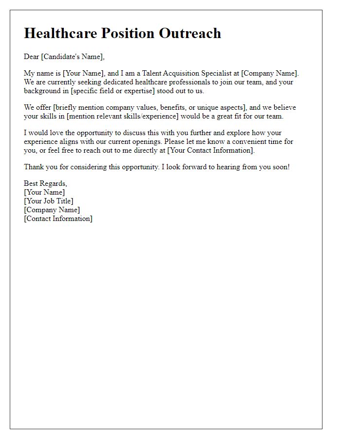 Letter template of talent acquisition outreach for healthcare positions.