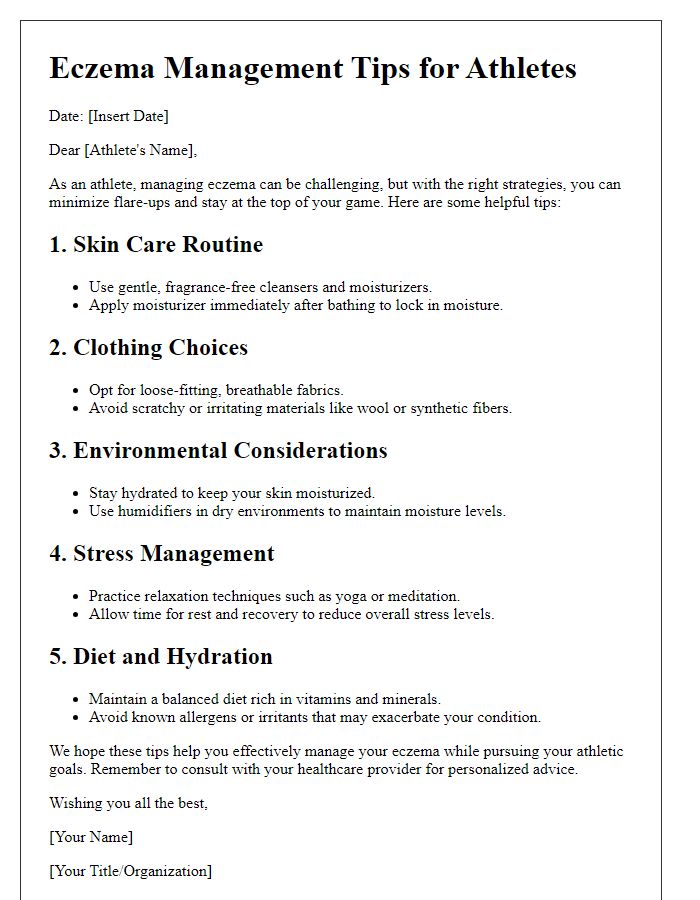 Letter template of eczema management tips for athletes.