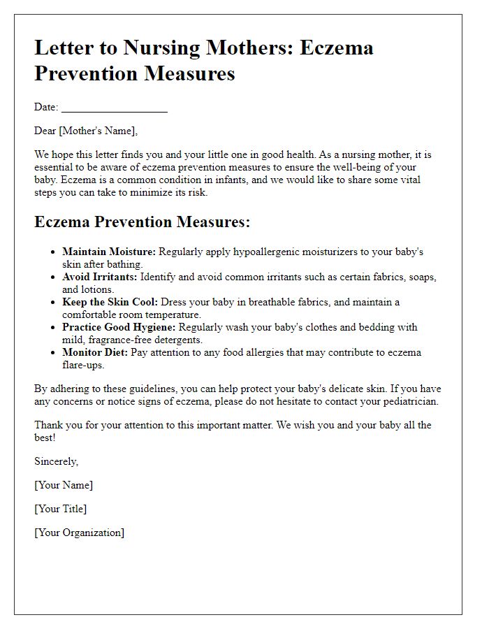 Letter template of eczema prevention measures for nursing mothers.