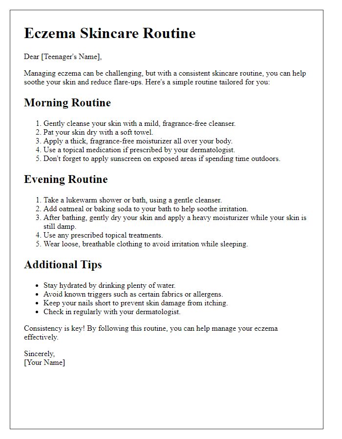 Letter template of eczema skincare routines for teenagers.