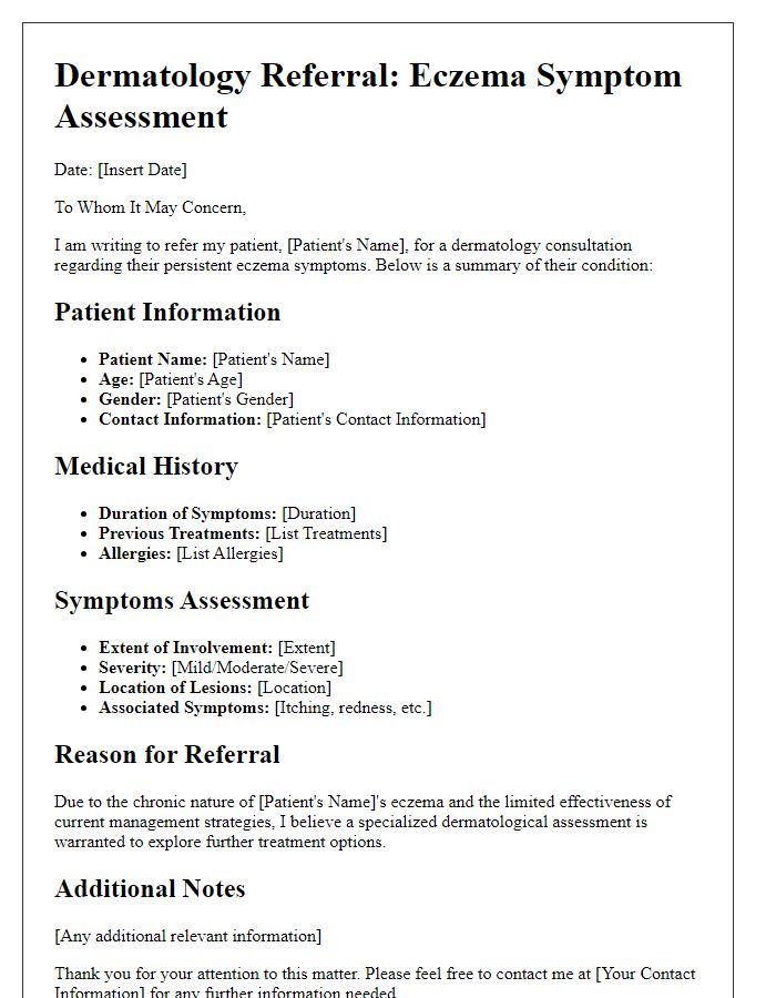 Letter template of eczema symptom assessment for dermatology referrals.