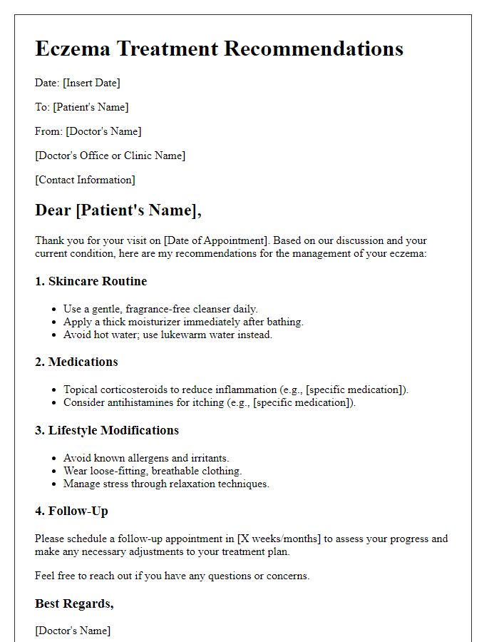 Letter template of eczema treatment recommendations for adults.